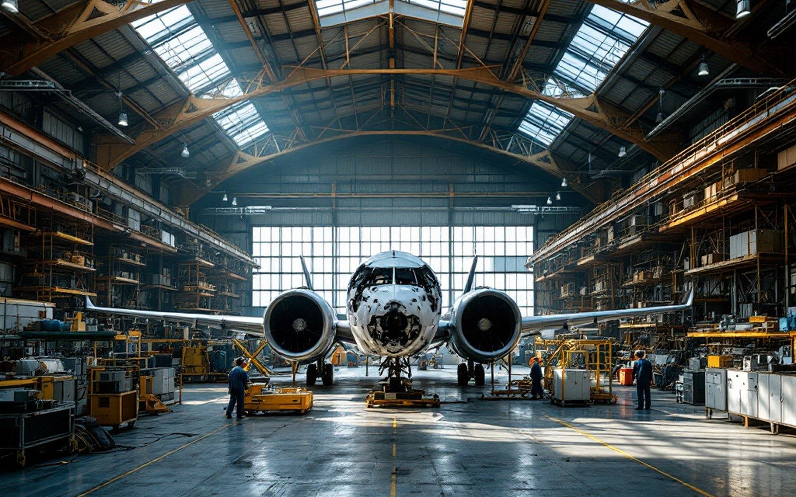A hangar interior with an aircraft partly dismantled and trestles around it, high roof light